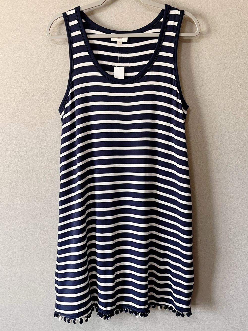 LOFT Lounge NWT Navy Blue White Stripes Tank Dress Pom Pom Hem Size Medium